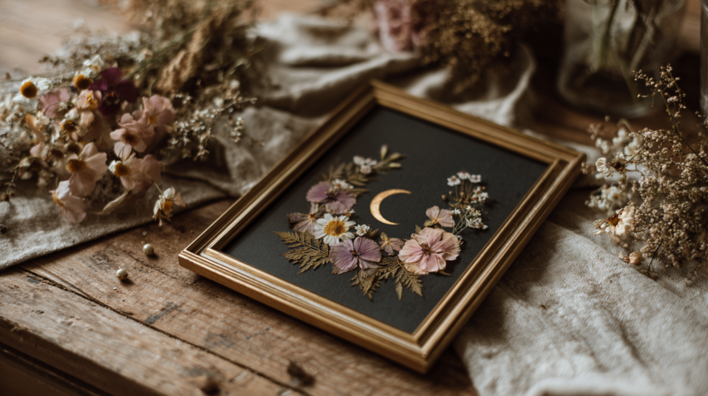 Handmade pressed flower wall art with gold crescent moon in frame on rustic table, boho botanical decor