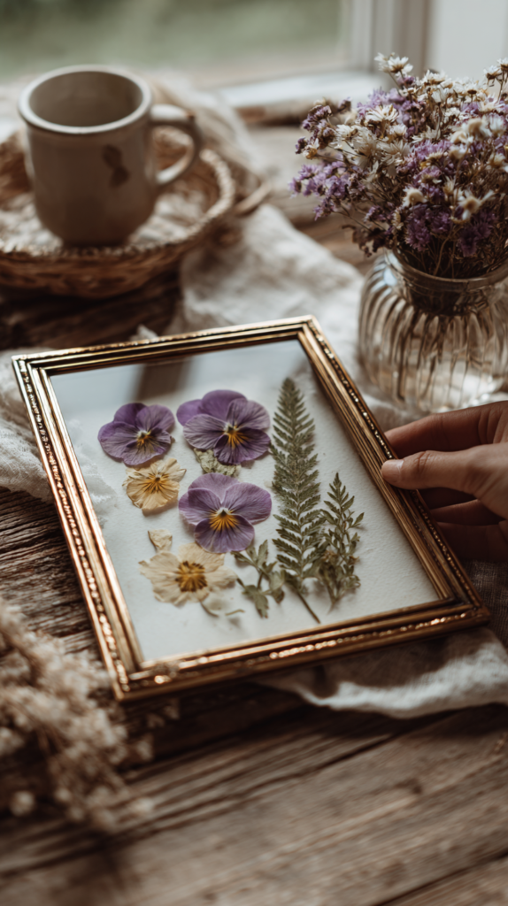 Hand holding vintage gold frame of pressed pansies and fern on rustic table by window cozy cottagecore decor with wildflowers