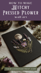 DIY witchy pressed flower wall art tutorial—lavender, fern and moon design on black cardstock.