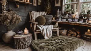 Boho rustic reading nook with wooden chair, green shag rug, crystals, candles, and plants by a sunny window