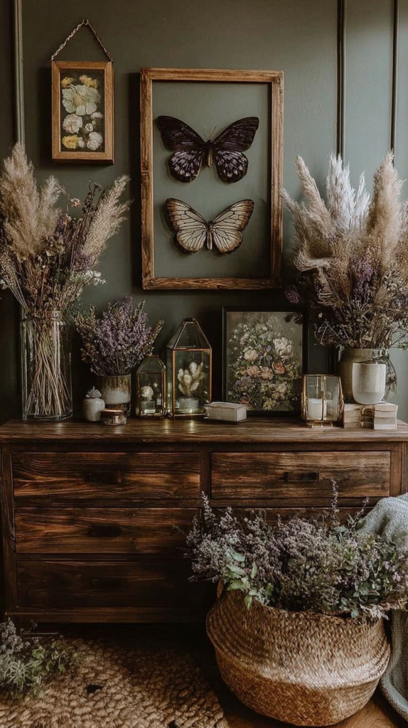 affordable-earthy-witchy-decor-art Rustic boho dresser with dried flowers, pampas grass, framed butterflies and candles against dark green wall, cottagecore.