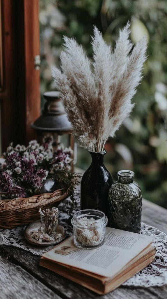 affordable-earthy-witchy-decor-ceramic-items Boho rustic vignette: pampas grass in black vase, dried flowers, jars, and open book on lace-covered wooden table by window.