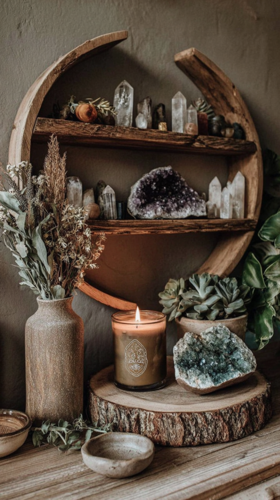 affordable-earthy-witchy-decor-ritual-space Boho crescent moon crystal shelf with amethyst geode, succulents, and lit candle on rustic wood decor.