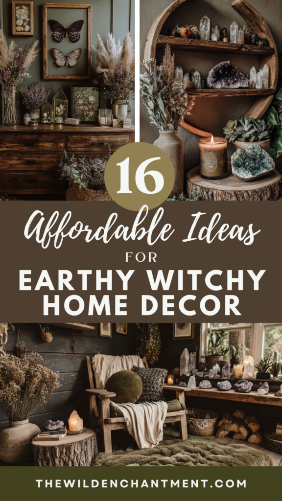 earthy-witchy-home-decor-ideas Earthy witchy home decor ideas: rustic wood, crystals, dried flowers, candles — 16 affordable boho inspirations.