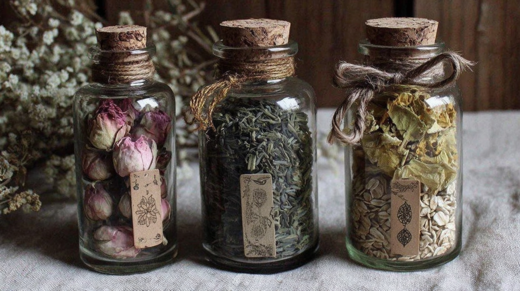 Three vintage apothecary jars with cork lids holding dried rosebuds, green herbs and petals for tea or potpourri.