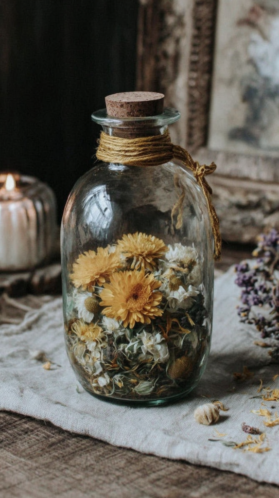 witchy-spell-jars-happiness Vintage glass apothecary jar with cork filled with dried yellow flowers on rustic linen table, cozy candlelit decor.