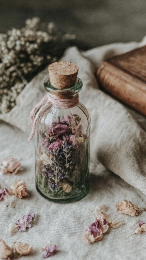 witchy-spell-jars-love Vintage glass apothecary jar with cork, filled with dried lavender and rose petals on linen, rustic cottagecore decor