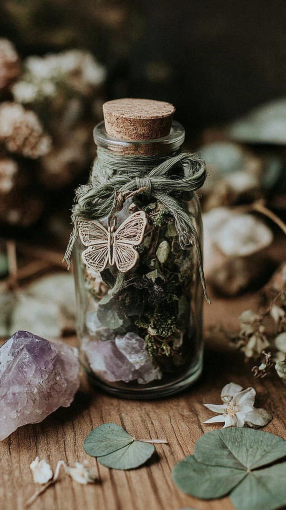witchy-spell-jars-luck Boho apothecary glass jar with cork, butterfly charm, dried herbs and amethyst crystals on rustic wooden table
