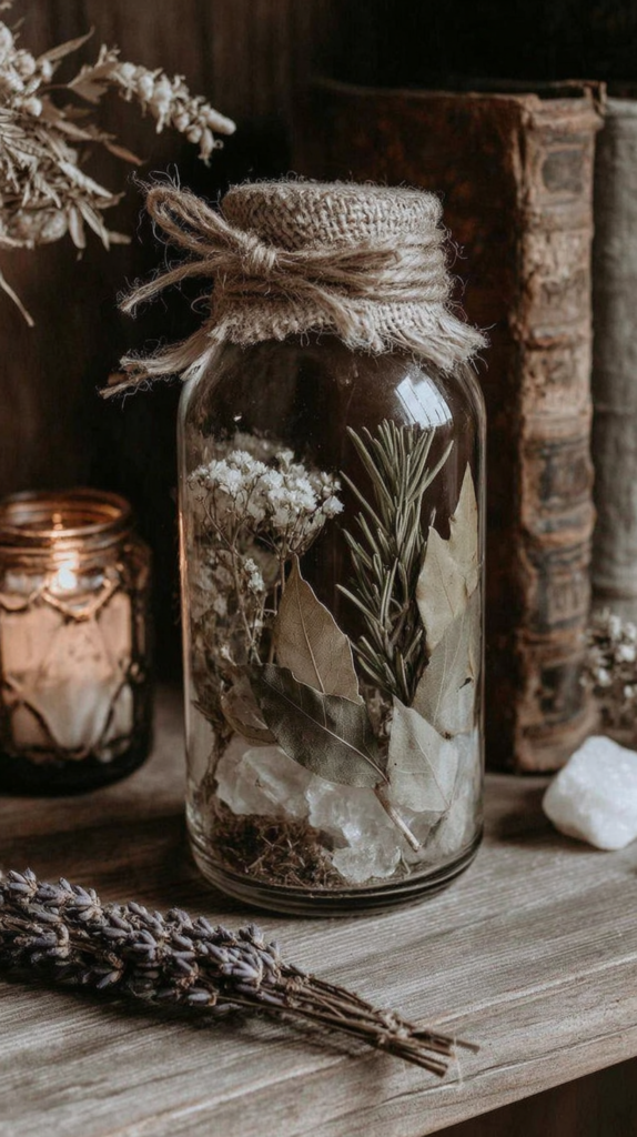 witchy-spell-jars-protection Rustic apothecary jar with dried herbs and crystals, twine lid, candle and vintage books—boho cottagecore decor.