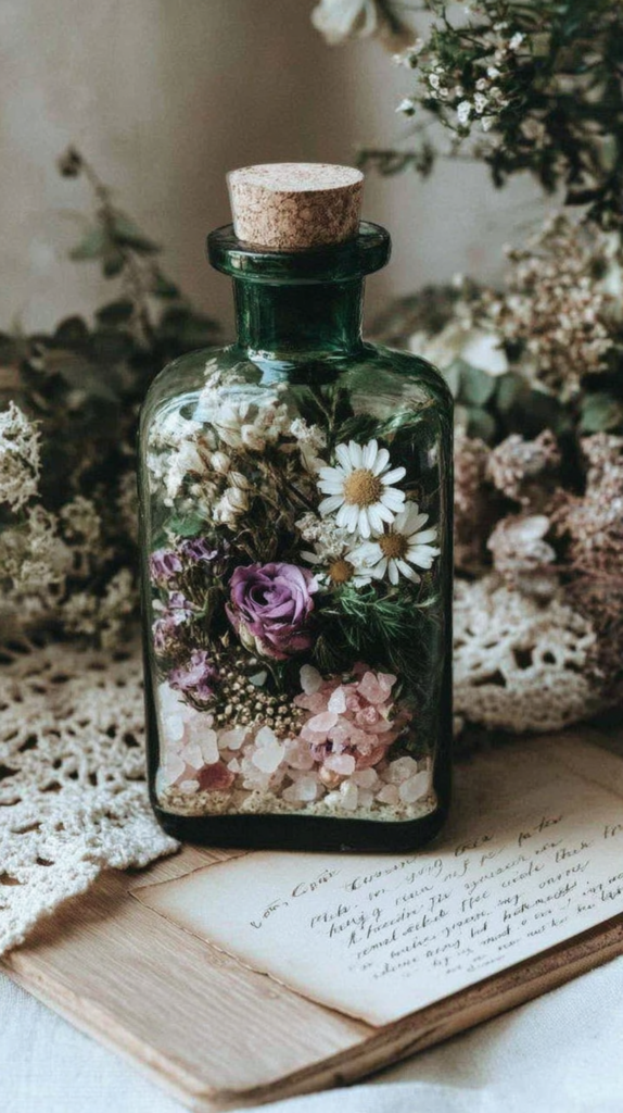 witchy-spell-jars-self-love Vintage apothecary glass bottle with dried flowers and pink crystals on lace and old letter, rustic cottagecore decor