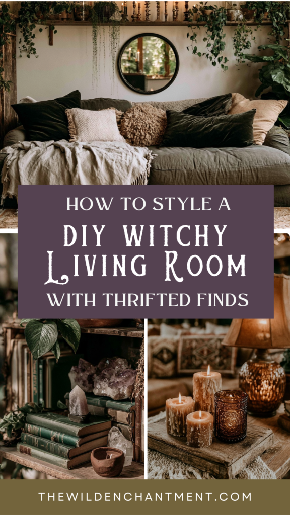 DIY witchy living room decor with thrifted finds—cozy sofa, candles, crystals, plants and boho mirror styling.