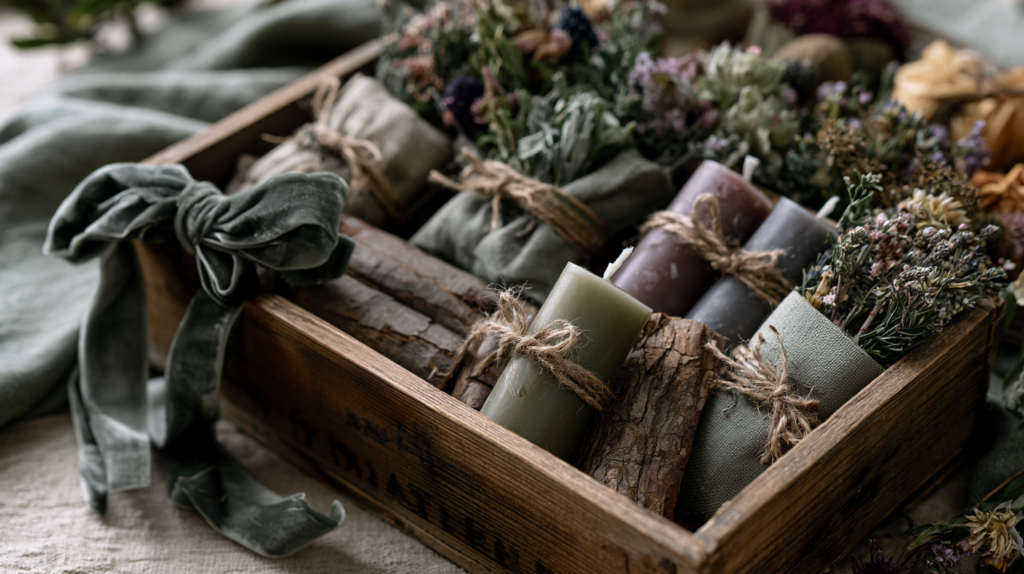 Rustic wooden crate of hand-poured candles, dried flowers and herb bundles tied with twine, eco-friendly natural gift set.