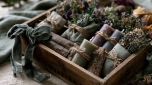 Rustic wooden crate of hand-poured candles, dried flowers and herb bundles tied with twine, eco-friendly natural gift set.