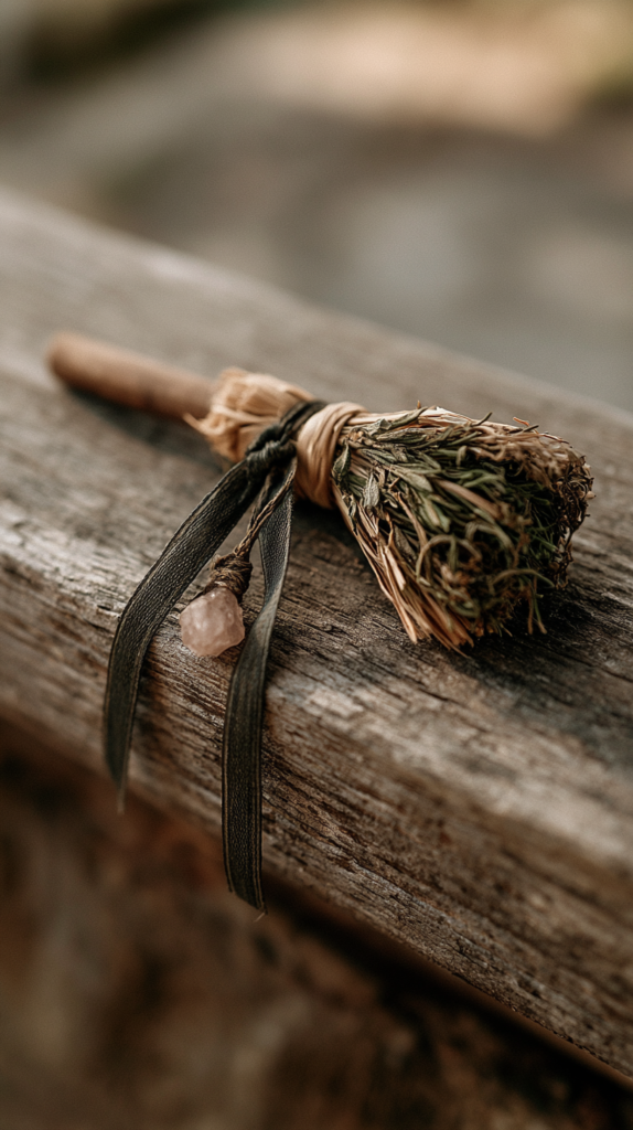 Hand-tied herbal smudge stick with crystal charm on weathered wood, boho smudging decor.