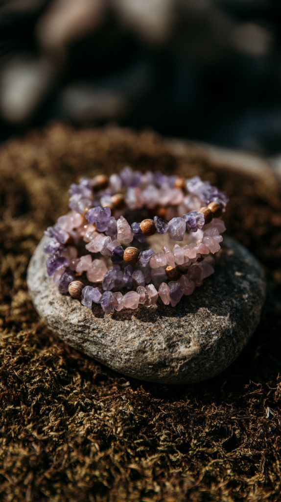 Amethyst and rose quartz chip bracelets with wood beads on rock, boho crystal healing jewelry