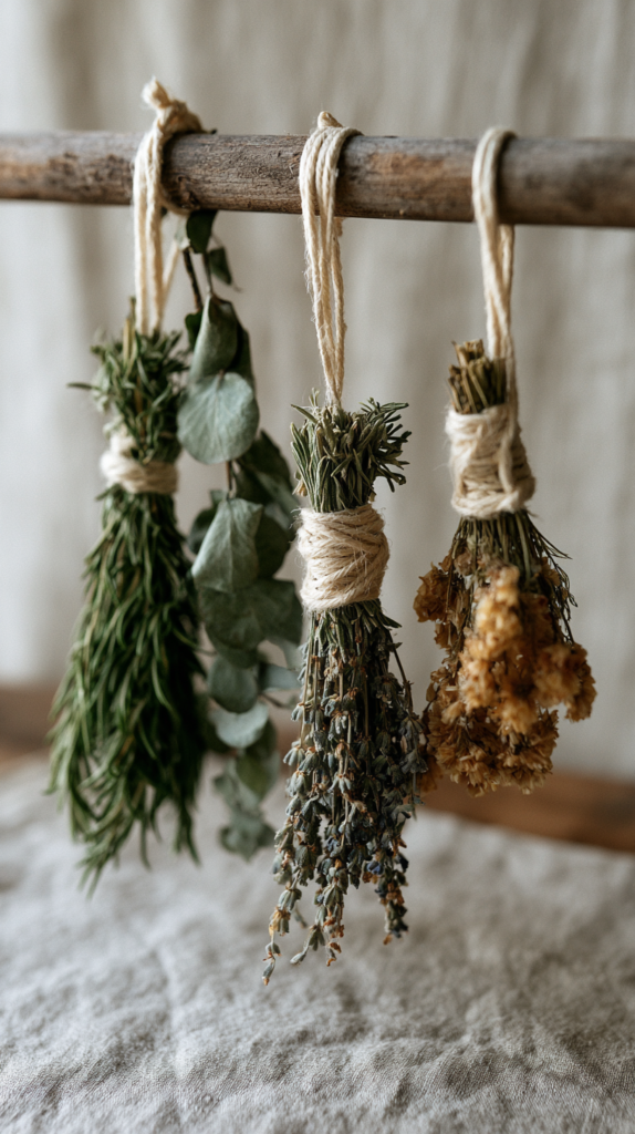 Dried herb bundles of rosemary, eucalyptus and flowers hanging on twine, rustic natural kitchen decor.