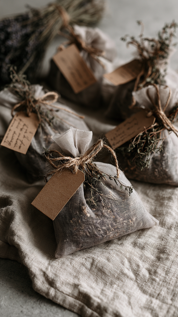 Handmade lavender sachets with dried herbs, muslin bags tied with twine and kraft tags on rustic linen