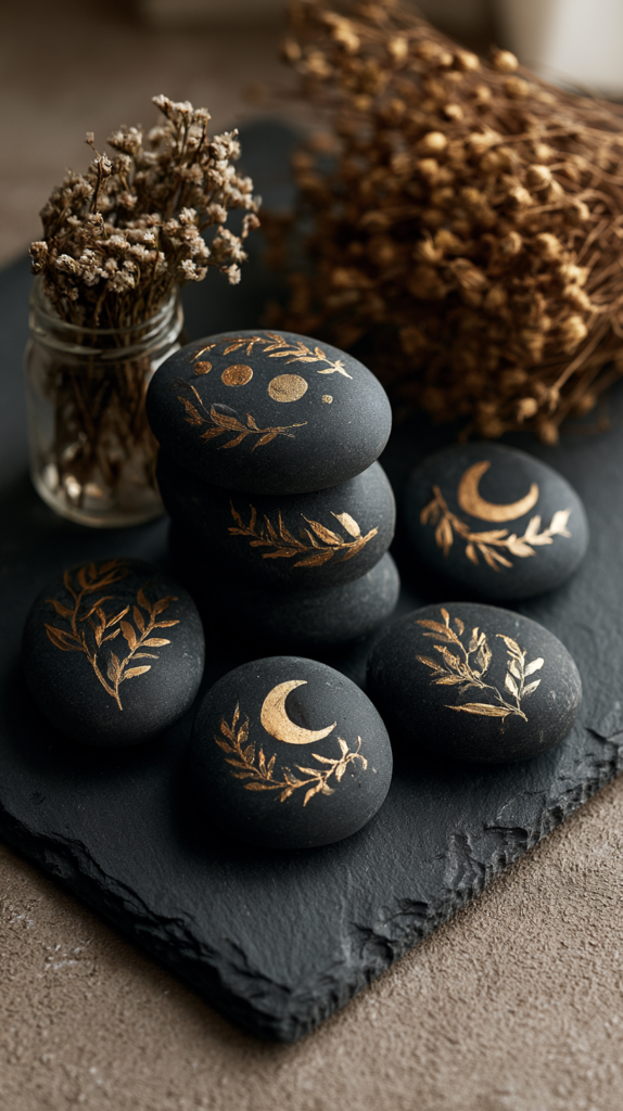 Hand-painted black stones with gold moon phases and botanical motifs on slate, styled with dried flowers, boho decor.