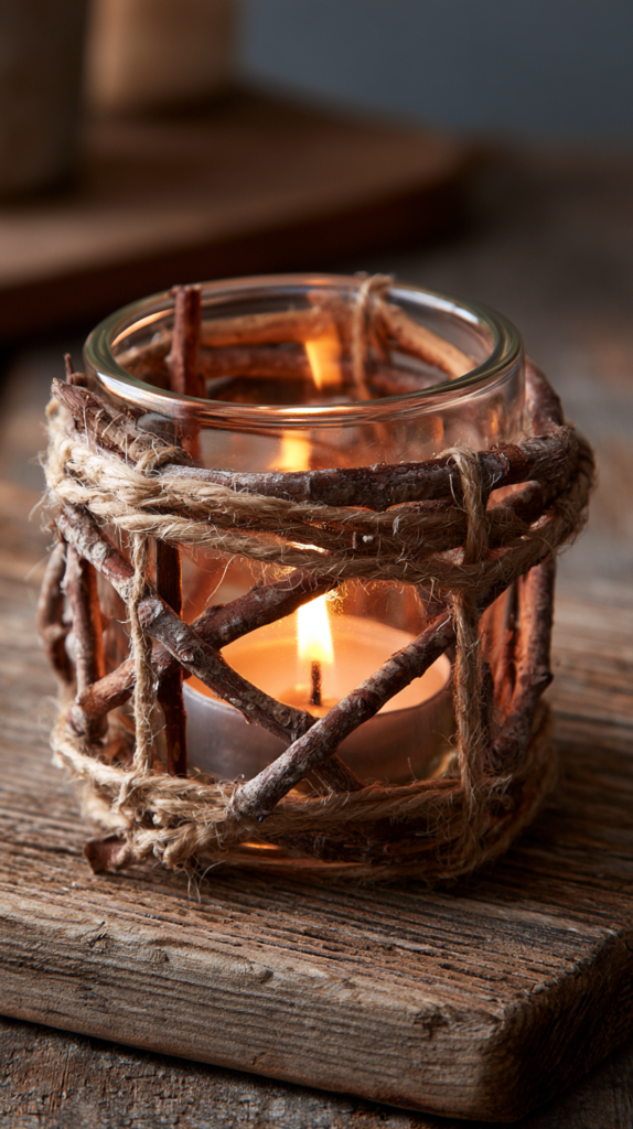 Rustic glass jar candle wrapped with twigs and jute twine on wooden table, warm cozy glow, handmade farmhouse decor