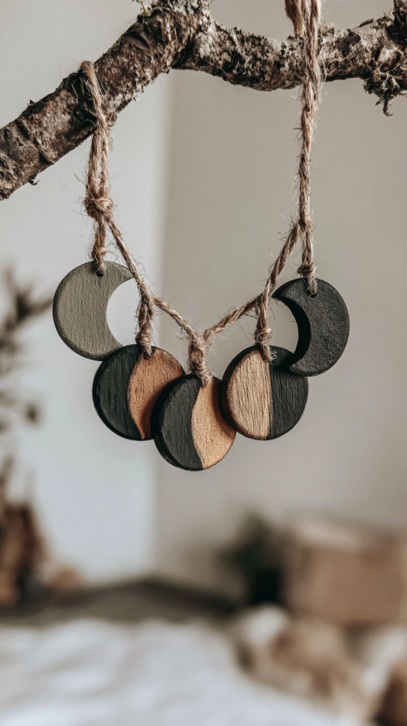 Handmade wooden moon phase garland on jute twine, rustic boho wall decor hanging from a branch, neutral black and wood tones.