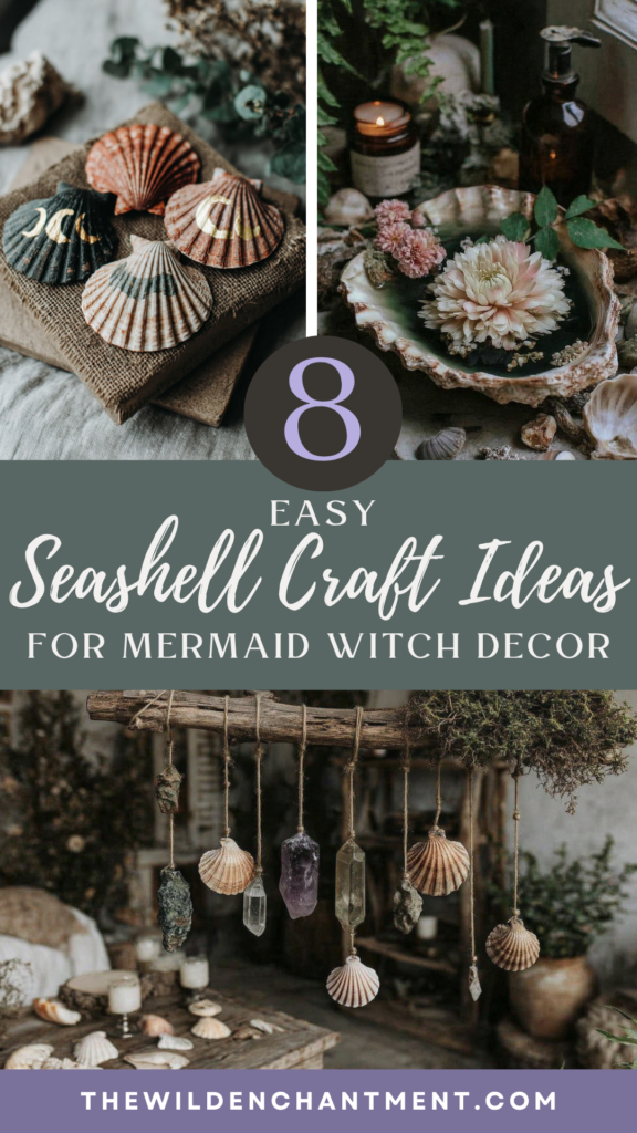 8 easy seashell craft ideas for mermaid witch decor—DIY shell and crystal mobile, moon shells, floral shell bowl inspiration.