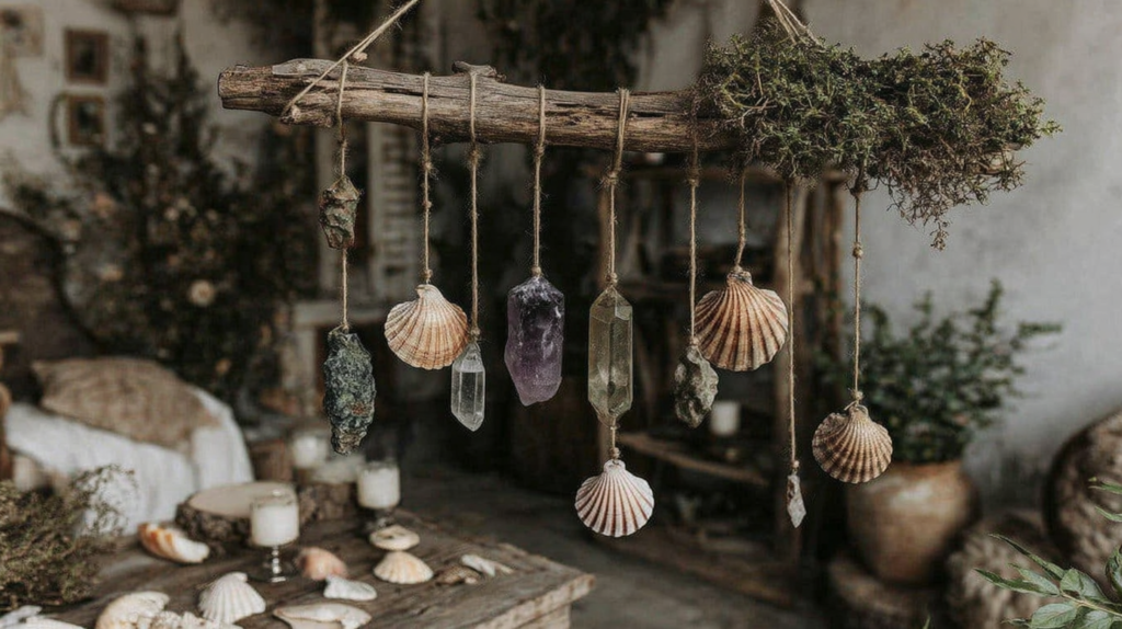 Boho driftwood wall hanging with seashells, amethyst and quartz crystals in rustic coastal living room decor.
