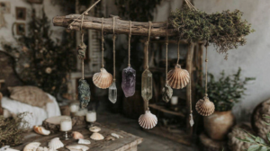 Boho driftwood wall hanging with seashells, amethyst and quartz crystals in rustic coastal living room decor.
