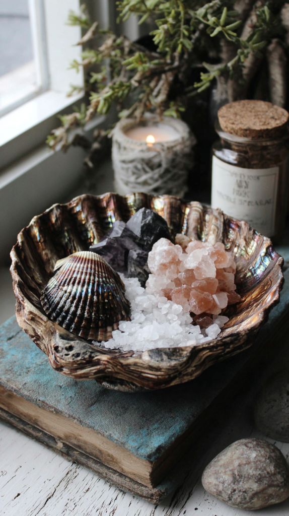 Abalone shell bowl with sea salt, rose quartz, amethyst and seashell on vintage book by candlelit window, coastal boho decor