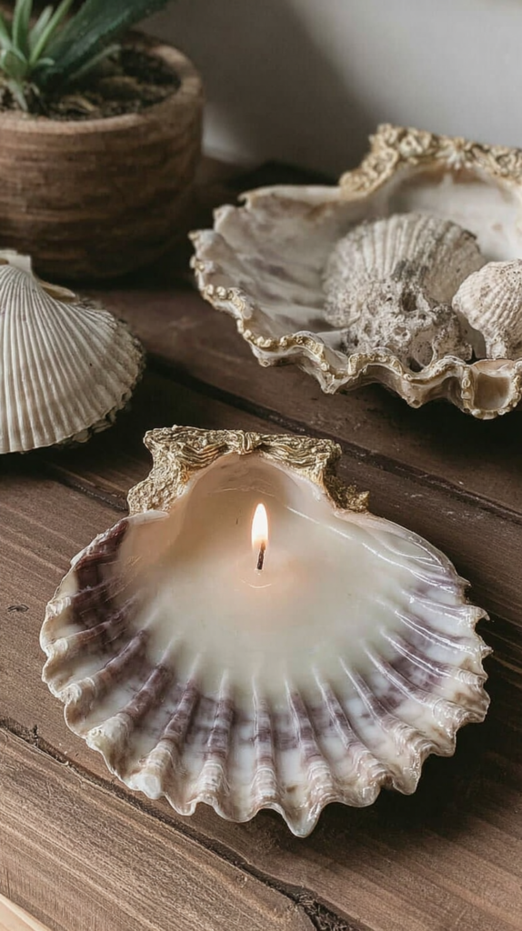 Lit seashell candle in scallop shell with gold rim on rustic wood table; coastal home decor with shells and plant.