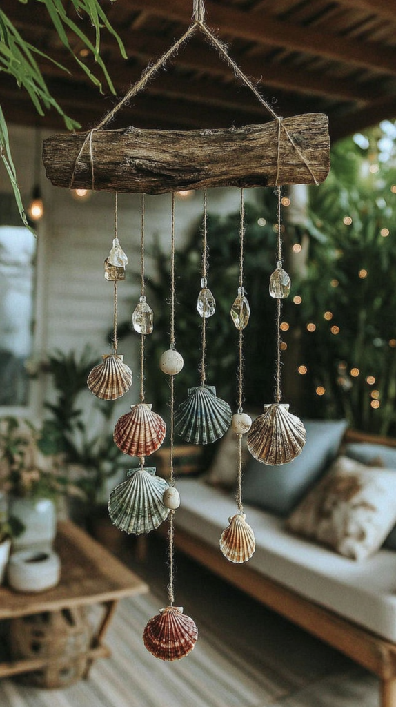 Handmade coastal driftwood wind chime with colorful seashells and crystals on a boho outdoor patio