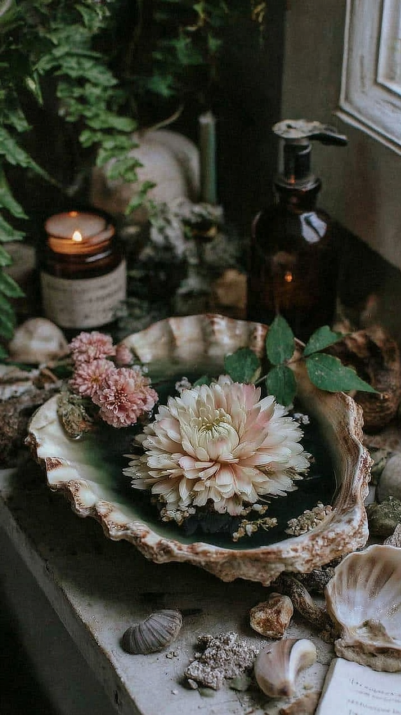 Vintage spa decor with clam shell bowl of water and floating dahlia, candle and amber pump on rustic windowsill and plants.