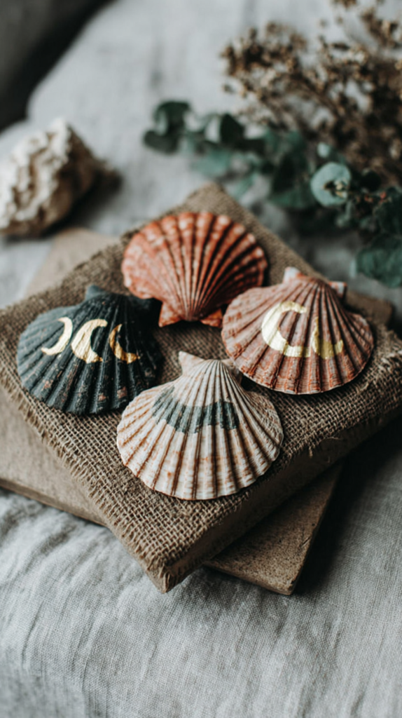 Hand-painted scallop seashells with gold moon phases on burlap, rustic boho coastal decor flat lay.