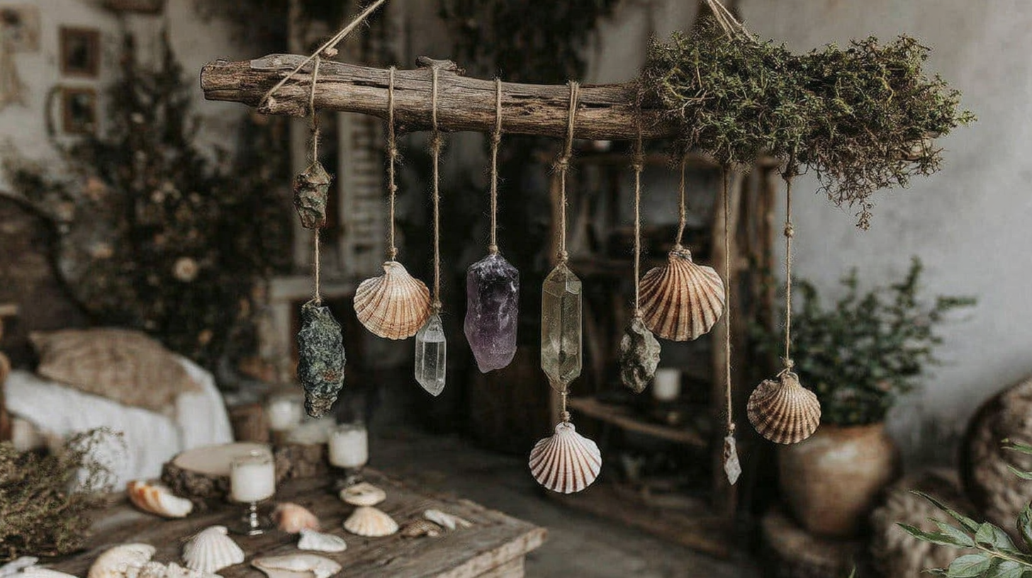 Boho driftwood wall hanging with seashells, amethyst and quartz crystals in rustic coastal living room decor.