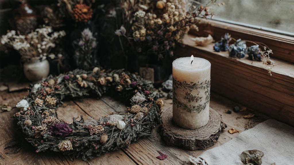 Rustic dried flower wreath and lit botanical pillar candle on wooden table by window, cozy boho home decor