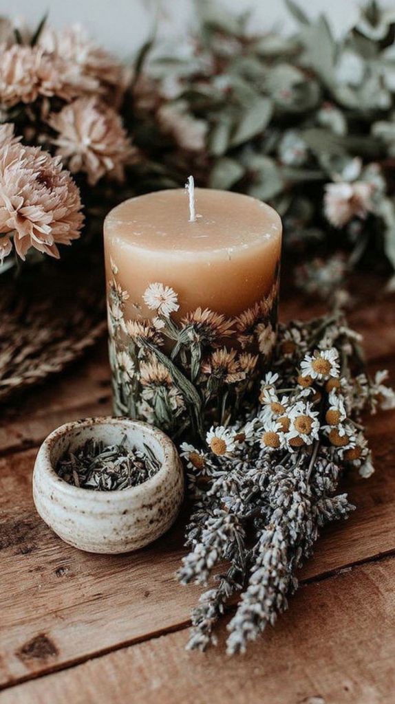 Handmade botanical candle with dried chamomile and lavender, ceramic herb bowl on rustic wooden table