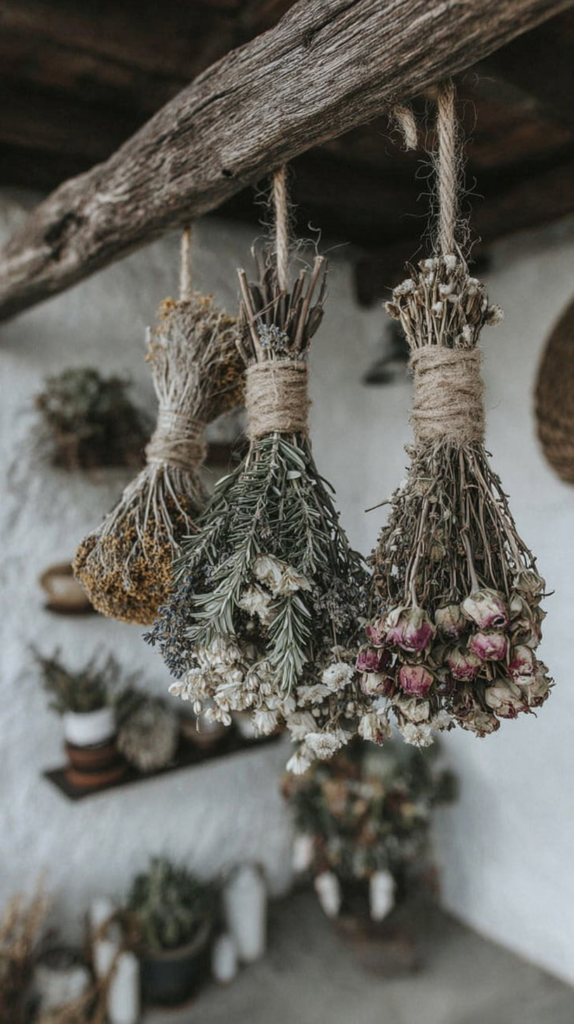 Dried herb and flower bundles hanging on twine from a rustic wooden beam, farmhouse kitchen decor