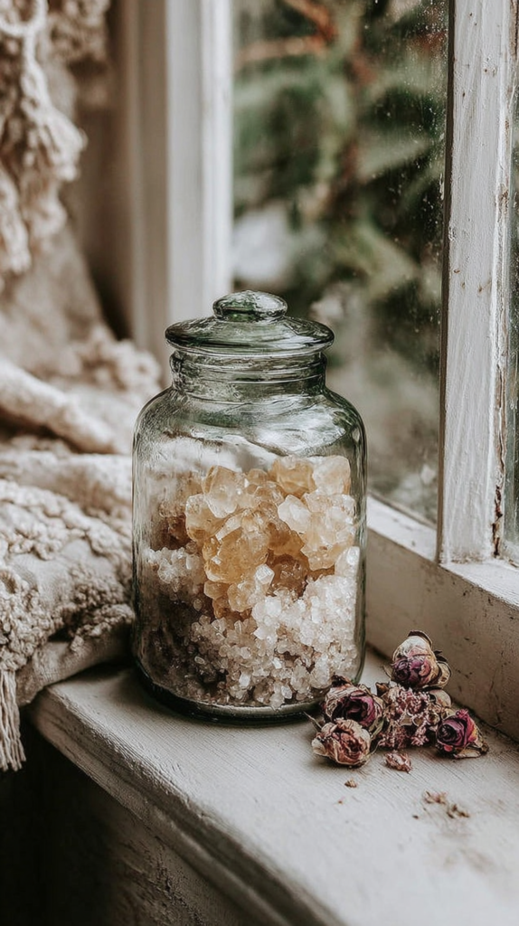 Vintage apothecary jar filled with rock sugar crystals on rustic windowsill, dried roses, cozy cottage decor