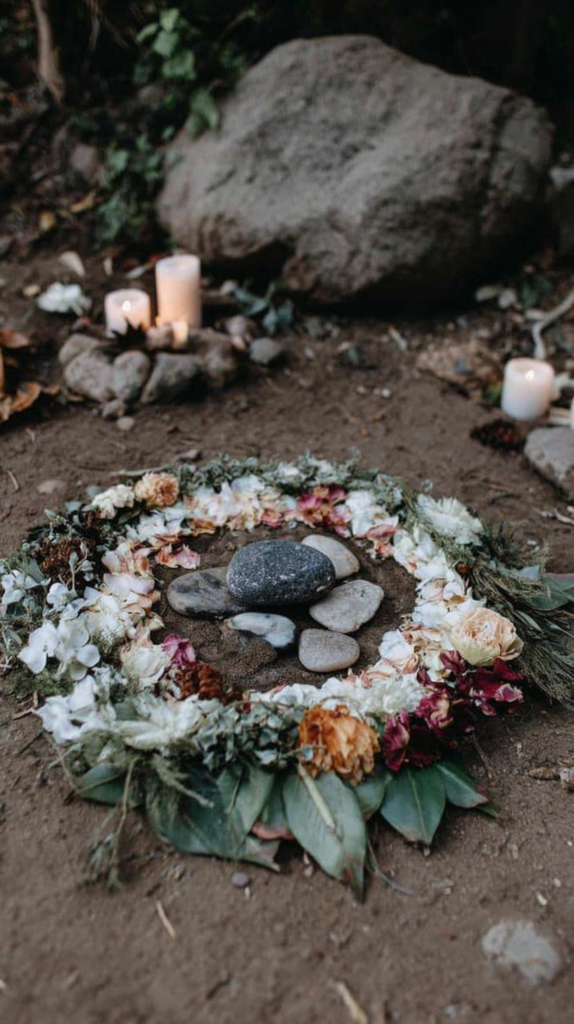 Floral mandala with river stones and candles in a forest clearing, rustic outdoor altar for meditation or ceremony
