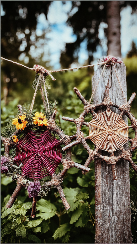 Handmade woven twig dreamcatchers with wildflowers hanging on a rustic wooden post in a lush garden.