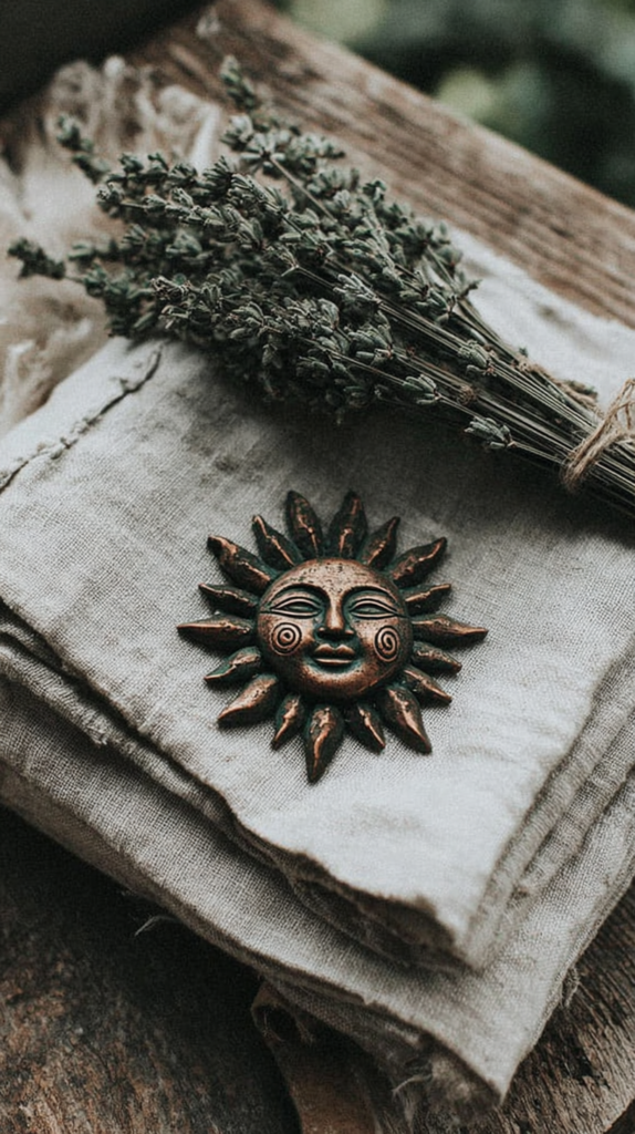 Bronze sun face ornament on linen with dried lavender bundle, rustic boho decor flatlay
