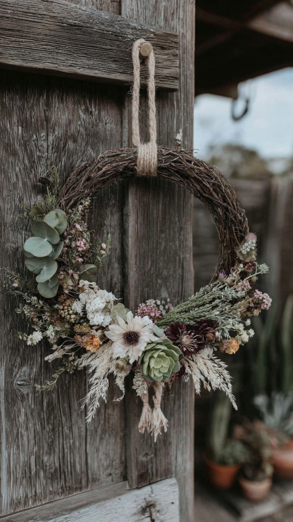Rustic dried flower grapevine wreath with eucalyptus and succulent on weathered wooden door, farmhouse boho decor.