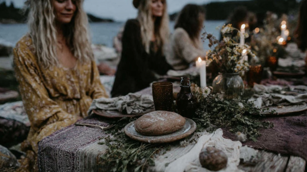 Boho outdoor lakeside dinner party with candles, wildflowers, and artisan bread at dusk.