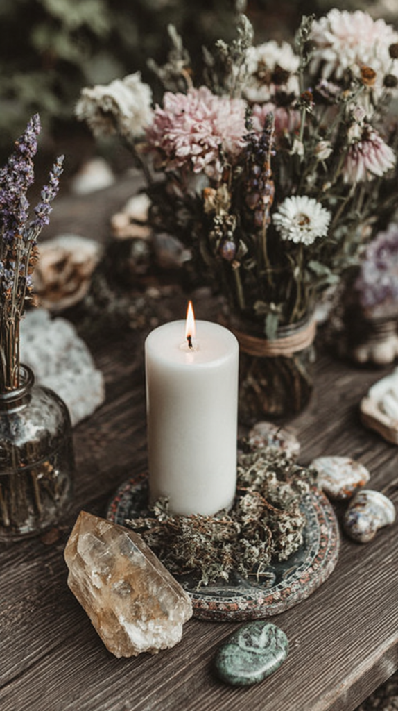Lit white pillar candle on rustic altar with crystals, dried flowers and herbs for meditation and boho home decor