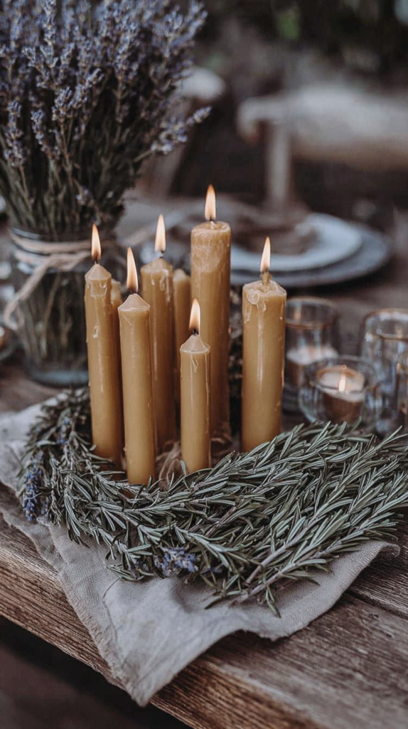 Rustic centerpiece with lit beeswax candles in rosemary wreath, lavender bouquet and tealights on farmhouse table.