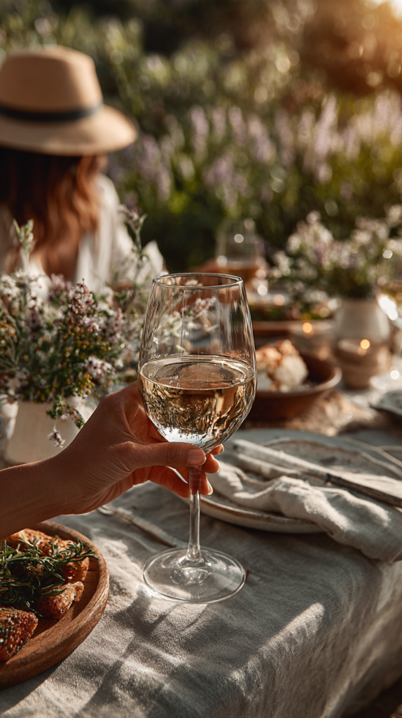Hand holding white wine at sunlit garden table, al fresco dinner with flowers, rustic linens and roast chicken.