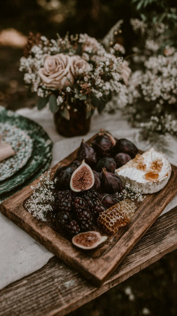 Rustic cheese board with figs, blackberries, honeycomb, and brie drizzled with honey on wooden table, floral decor