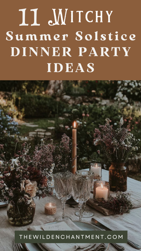 Witchy Summer Solstice dinner party ideas: candlelit garden table with wildflower centerpieces and crystal glasses