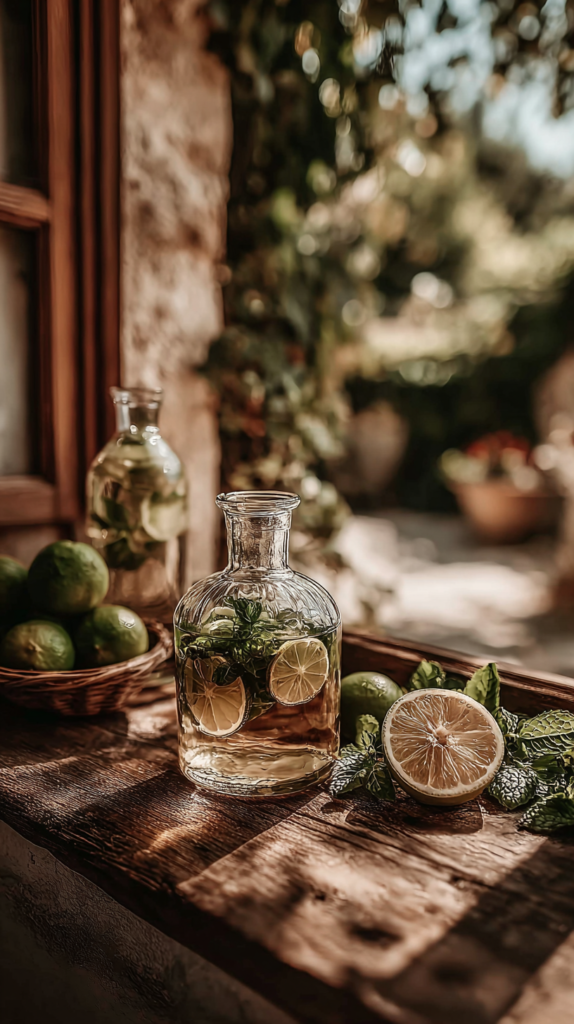 Refreshing lemon mint infused water in glass carafe on rustic wooden table with limes, sunlit garden backdrop