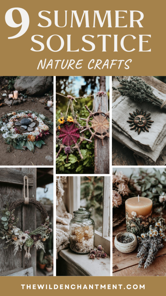9 Summer Solstice nature crafts collage—floral mandala, herb bundles, sun catchers, wreath, candles, DIY ideas.