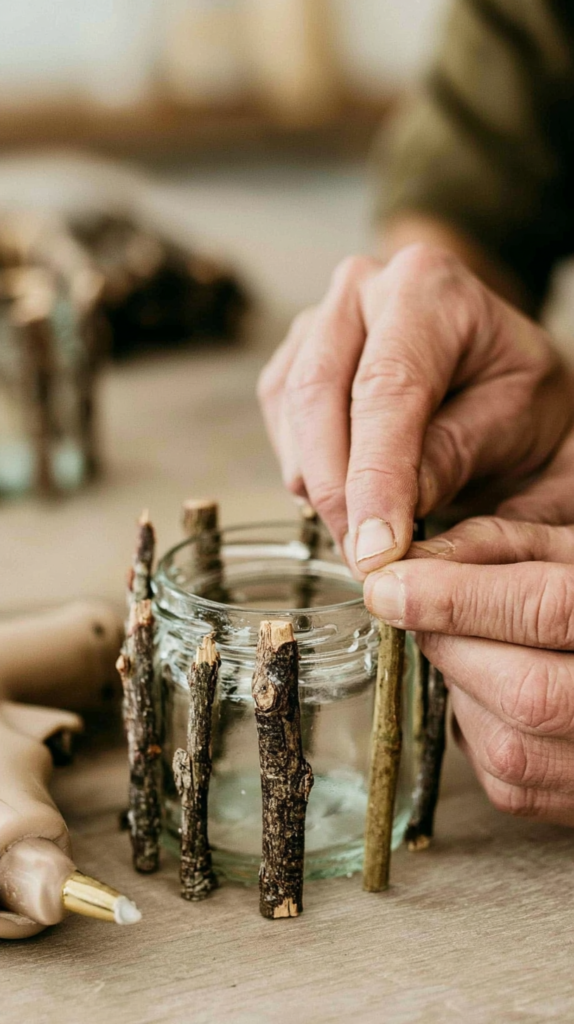 Hands gluing twigs to a glass jar to make a rustic DIY candle holder, nature-inspired home decor craft